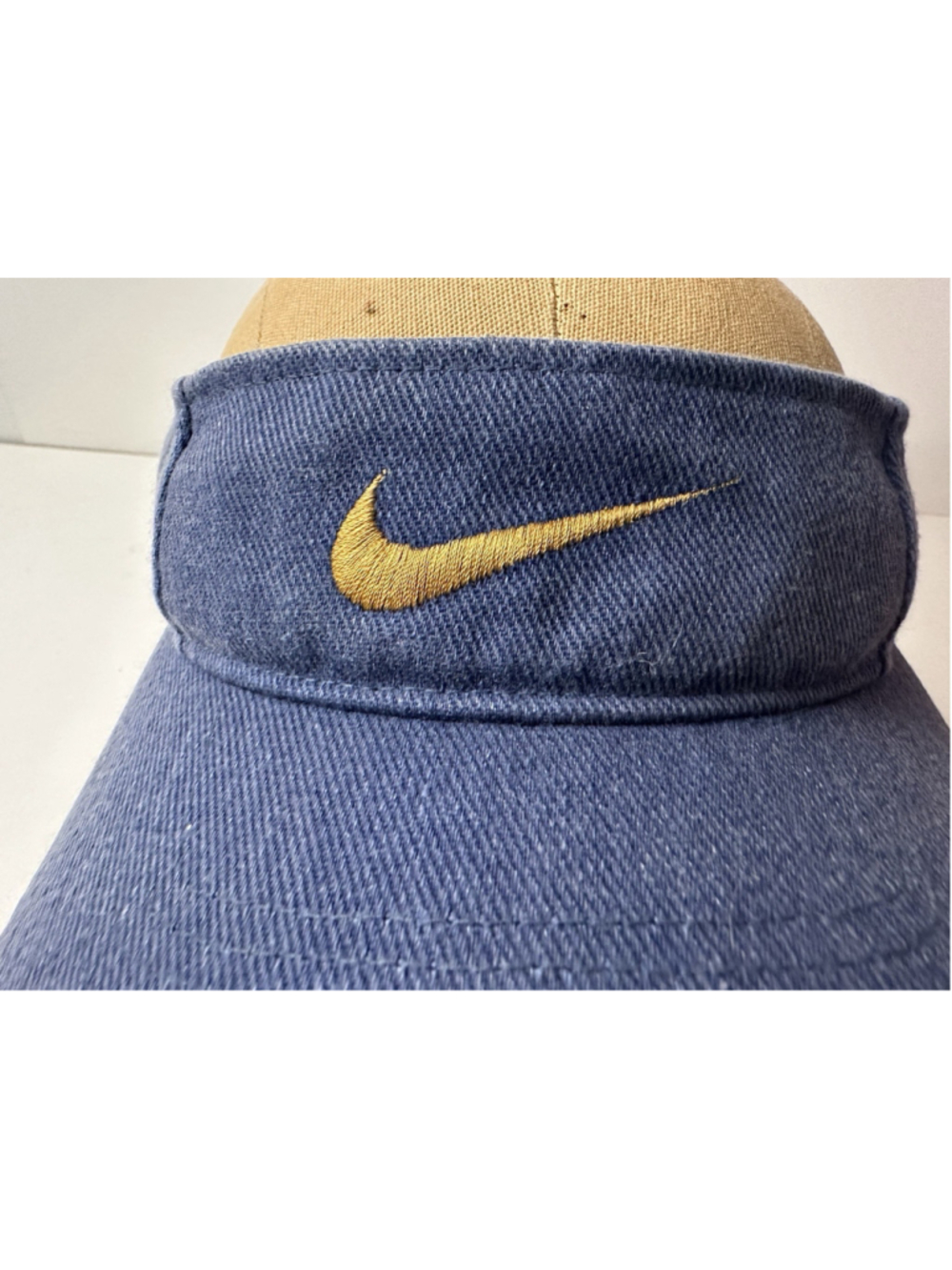 Vintage Nike Golf Sun Visor Hat Faded Blue Denim Gold Swoosh Elastic Back Tennis